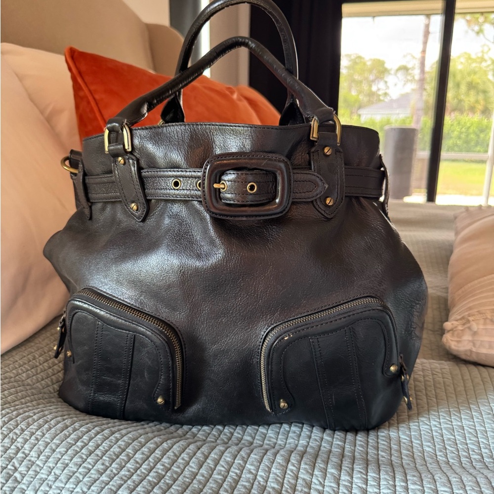Cole Haan Vintage Black Leather Tote Saddle Bag with Buckle